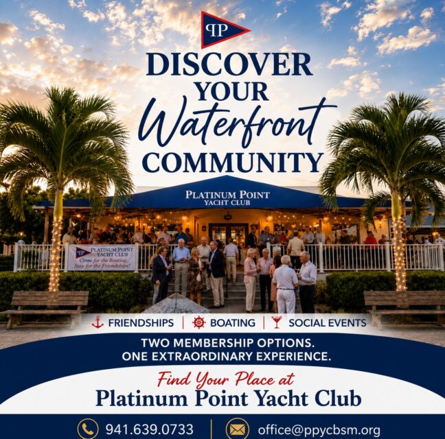 Platinum Point Yacht Club members gathering at the waterfront clubhouse at sunset