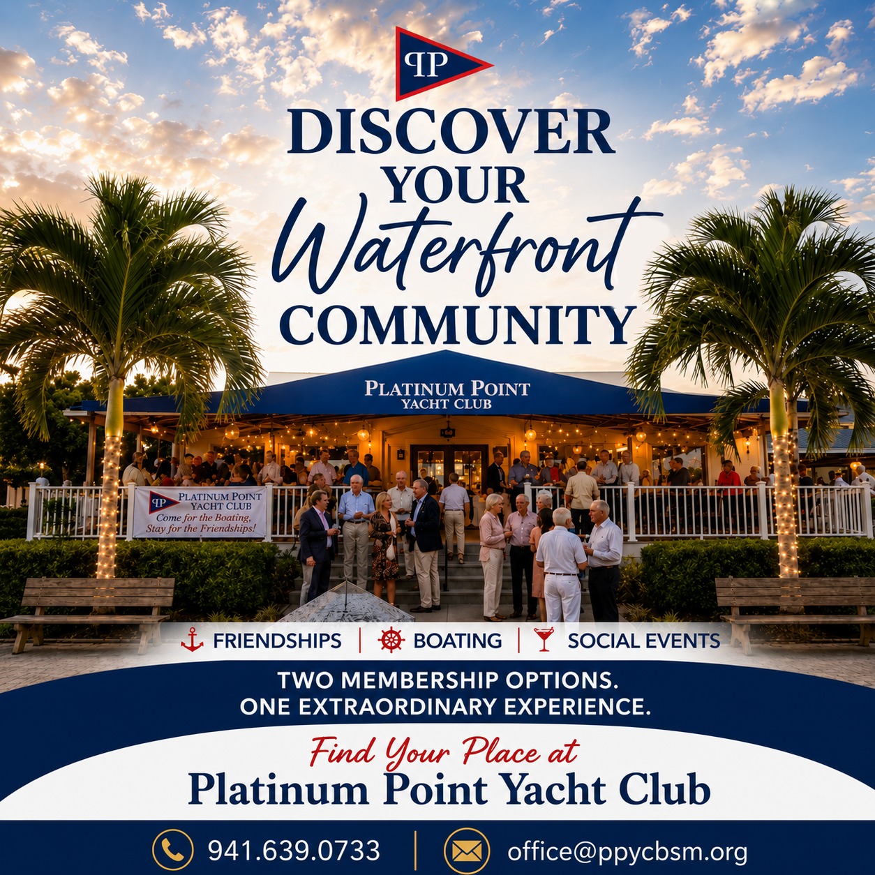 Platinum Point Yacht Club members gathering at the waterfront clubhouse at sunset