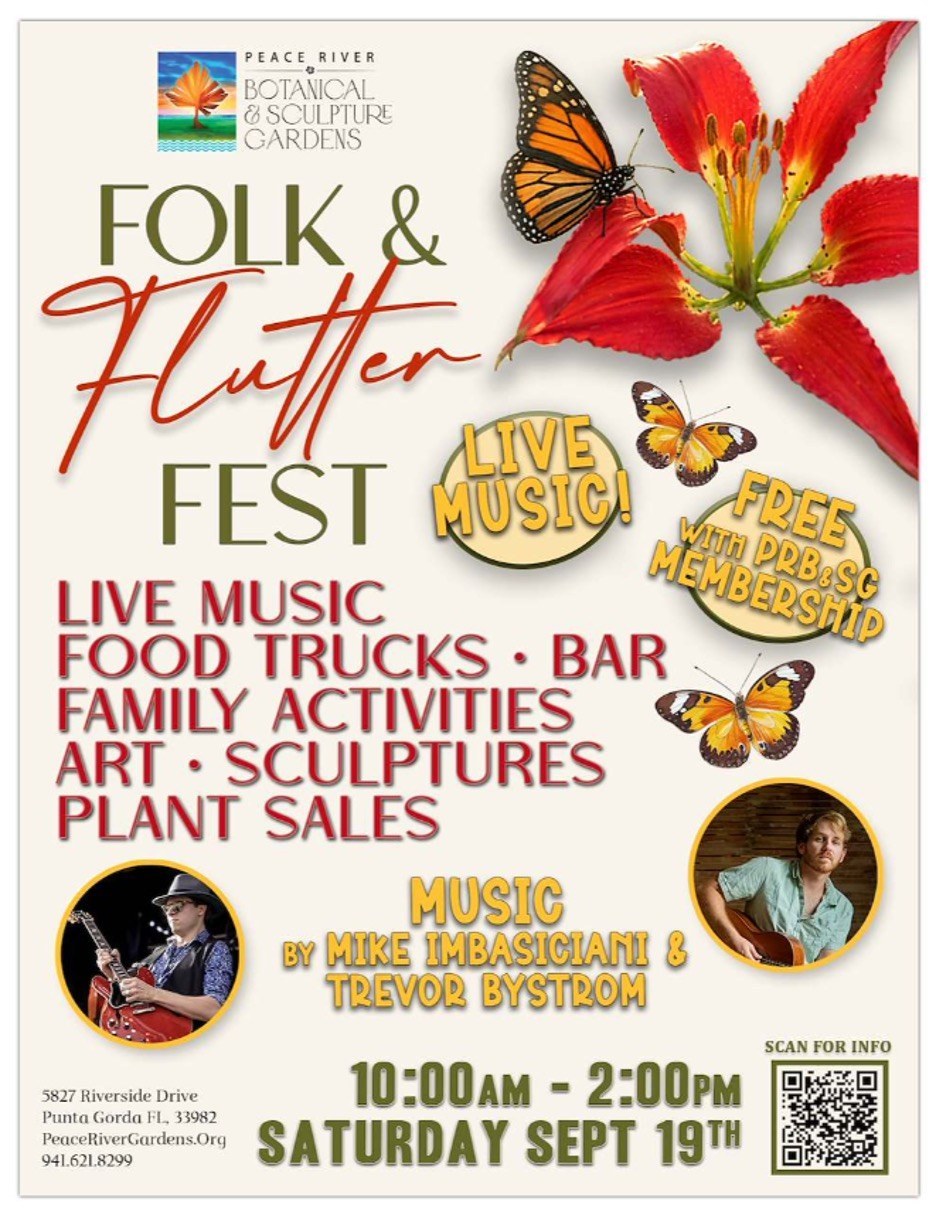 Peace River Botanical and Sculpture Gardens Folk and Flutter Fest flyer for Saturday, September 19
