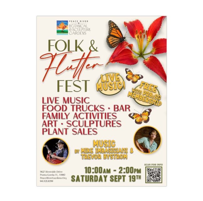 Peace River Botanical and Sculpture Gardens Folk and Flutter Fest flyer for Saturday, September 19