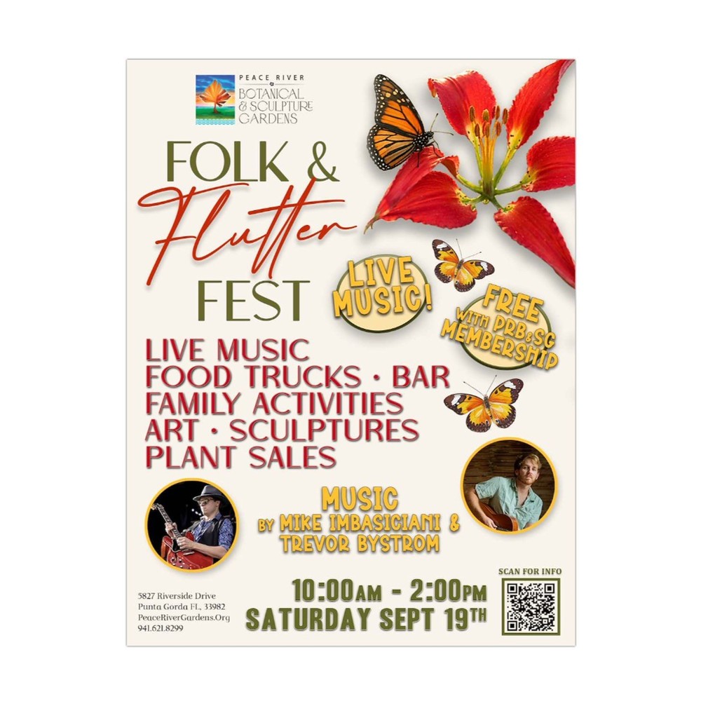 Peace River Botanical and Sculpture Gardens Folk and Flutter Fest flyer for Saturday, September 19