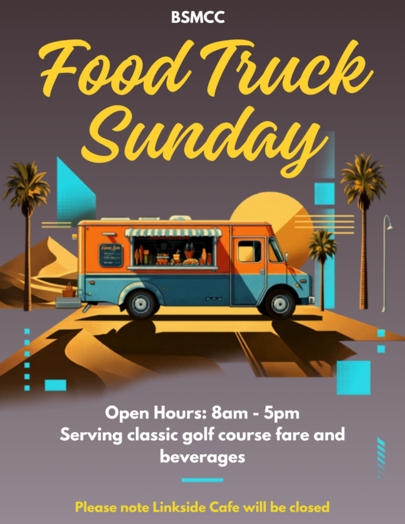 Illustrated orange and blue food truck among palm trees for BSMCC Food Truck Sunday