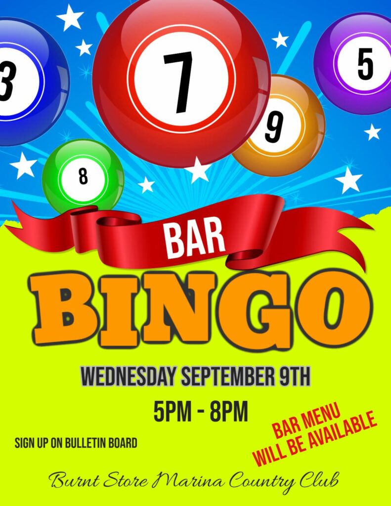 Bar Bingo flyer with lottery balls, Wednesday September 9, 5 to 8 pm
