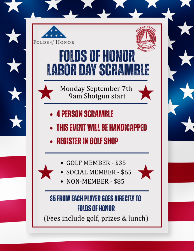 Folds of Honor Labor Day Scramble flyer, Monday September 7, 9am shotgun start