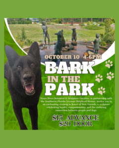 Bark in the Park flyer with a black German shepherd and the Best Friends sculpture fountain