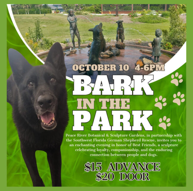 Bark in the Park flyer with a black German shepherd and the Best Friends sculpture fountain