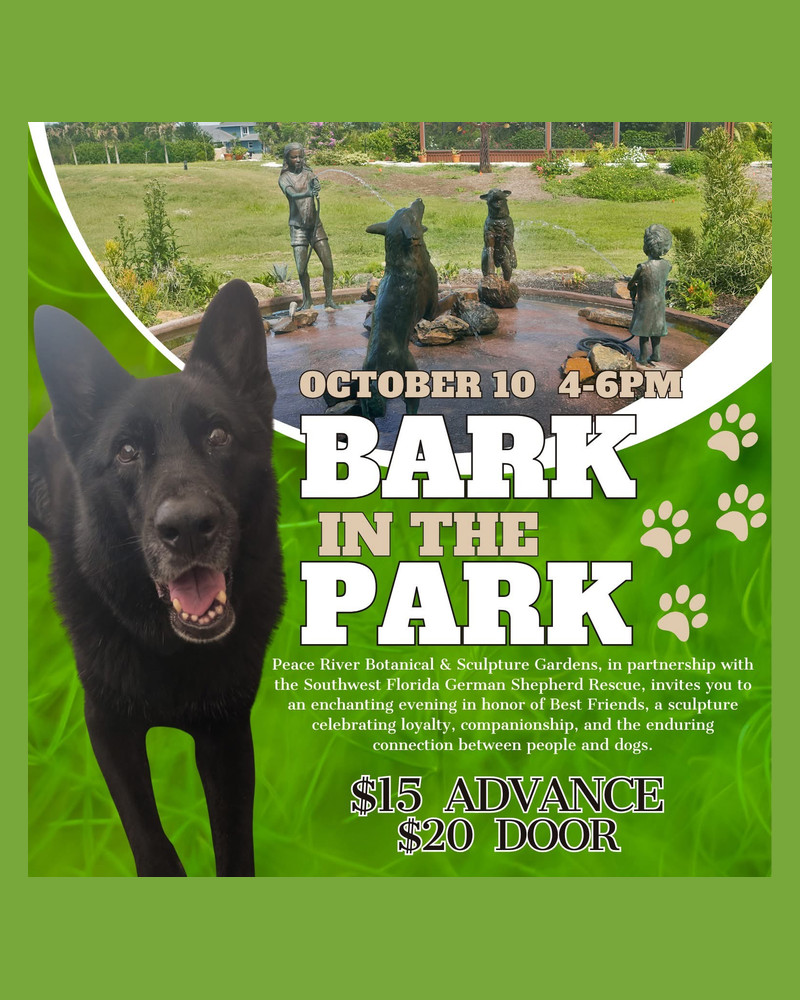 Bark in the Park flyer with a black German shepherd and the Best Friends sculpture fountain