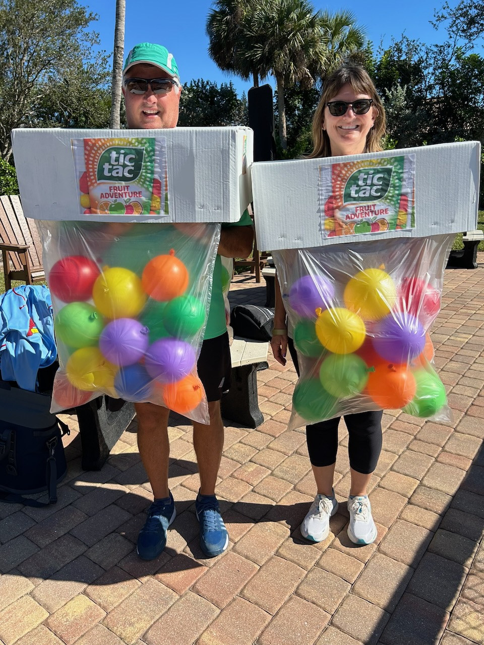 Two residents dressed as Tic Tac boxes at the Marina Halloween event