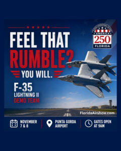 Florida International Air Show flyer with two F-35 Lightning II jets over a runway