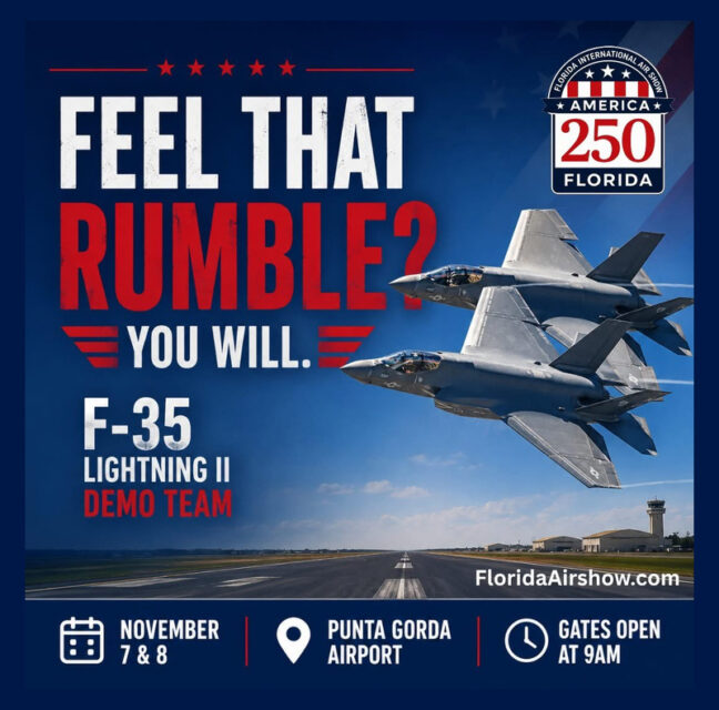 Florida International Air Show flyer with two F-35 Lightning II jets over a runway