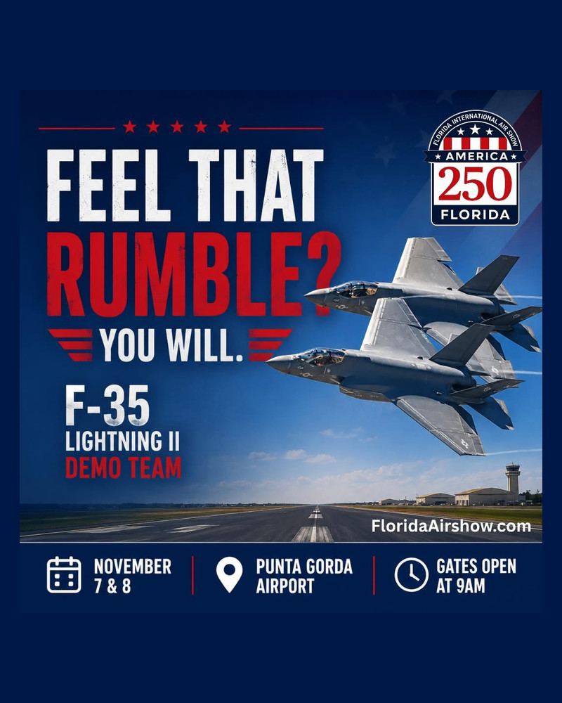 Florida International Air Show flyer with two F-35 Lightning II jets over a runway