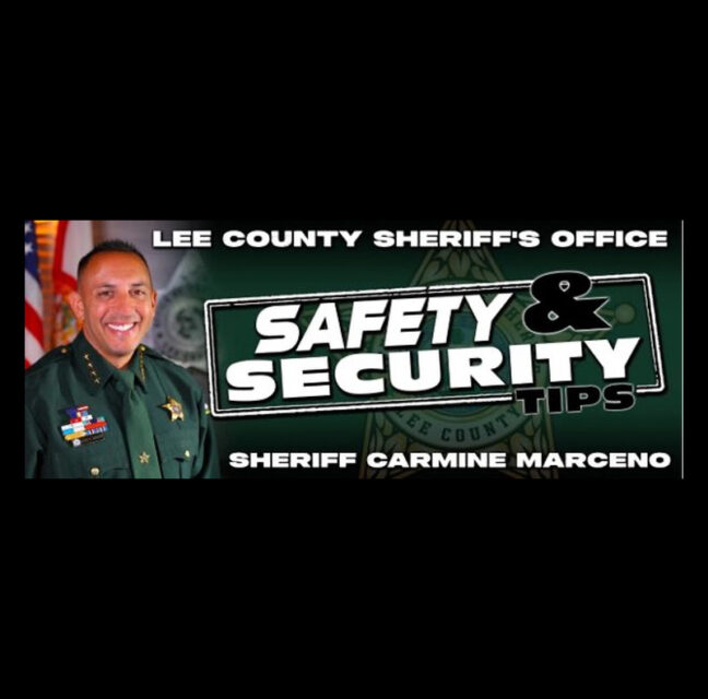 Lee County Sheriff's Office Safety and Security Tips banner with Sheriff Carmine Marceno