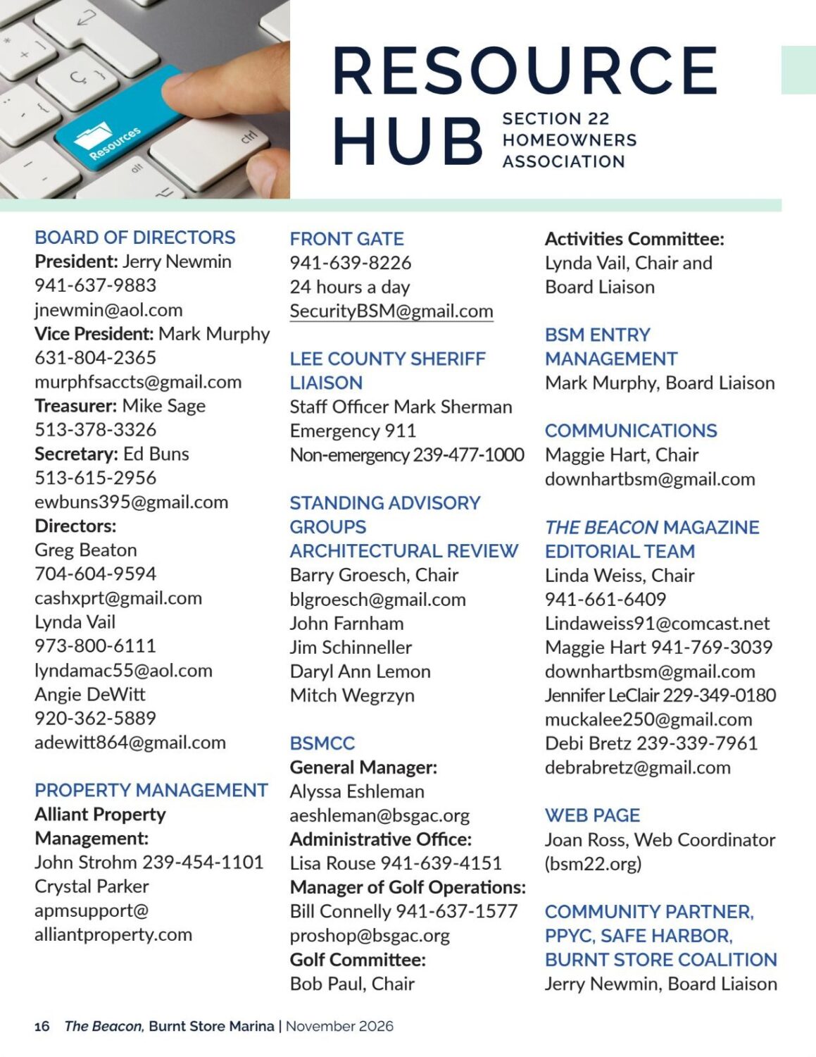 Resource Hub page 1 - Section 22 HOA board, committees and contacts
