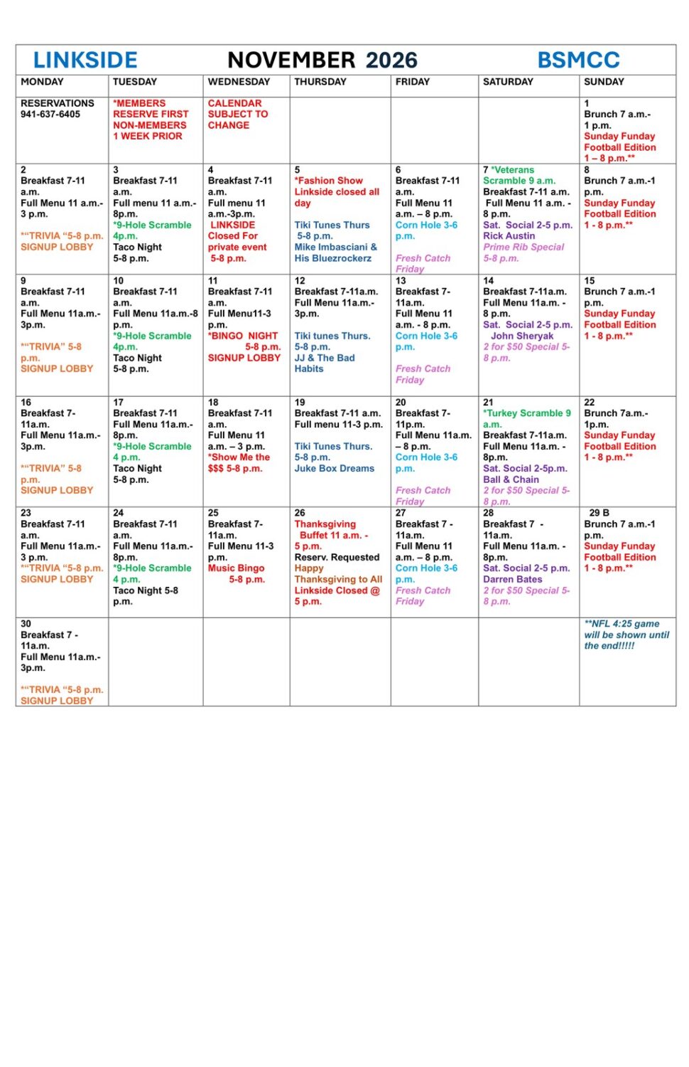 BSMCC November 2026 events calendar